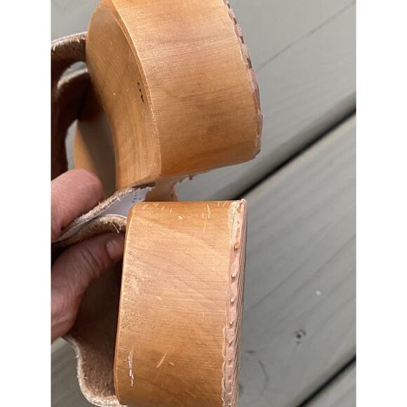 Women's Clogs Mules Sandals Open Toe Slip-On Sz 40,9.5White Leather Cut Out Wood - Picture 13 of 14